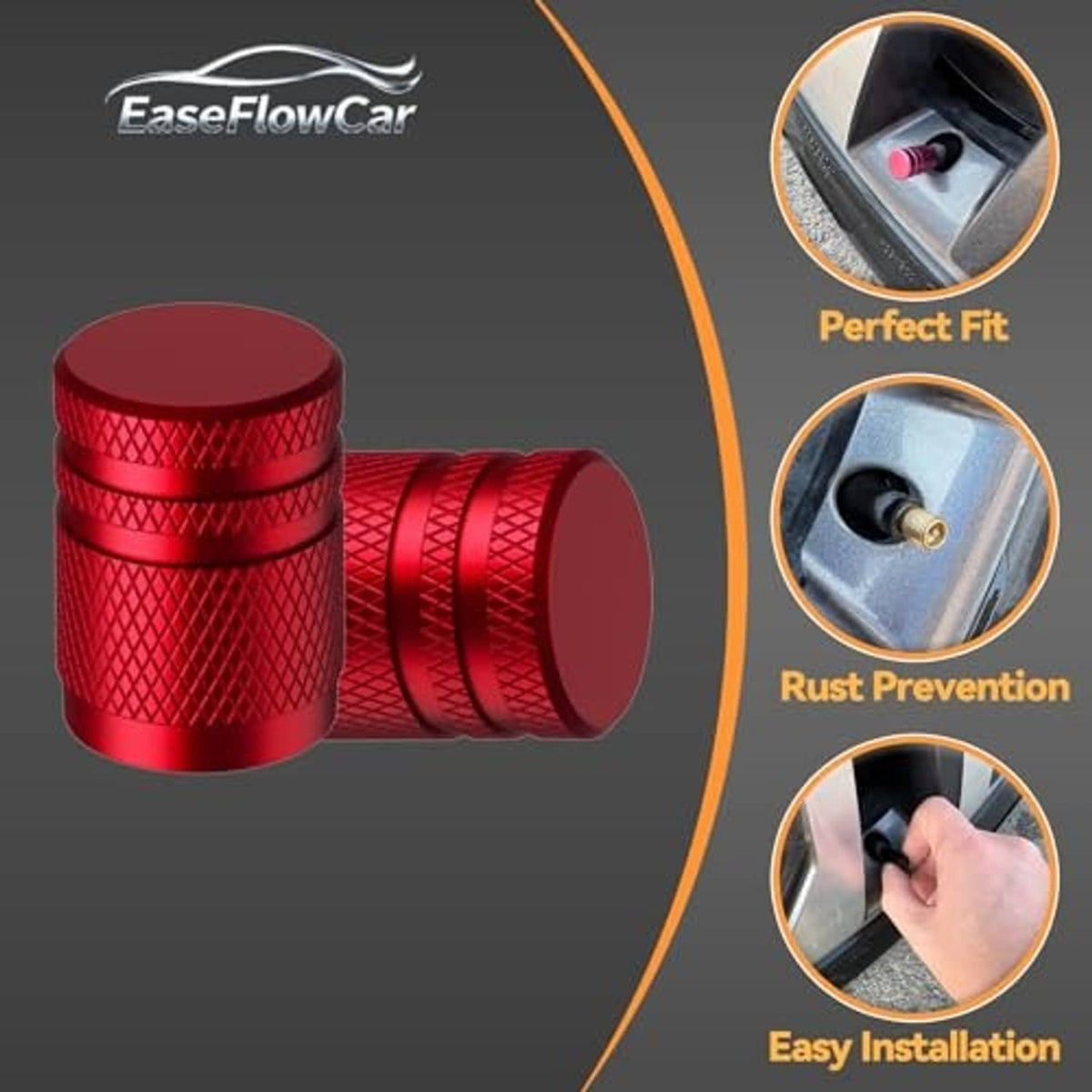 Red metal tire valve stem caps, stacked and side-by-side, textured grip