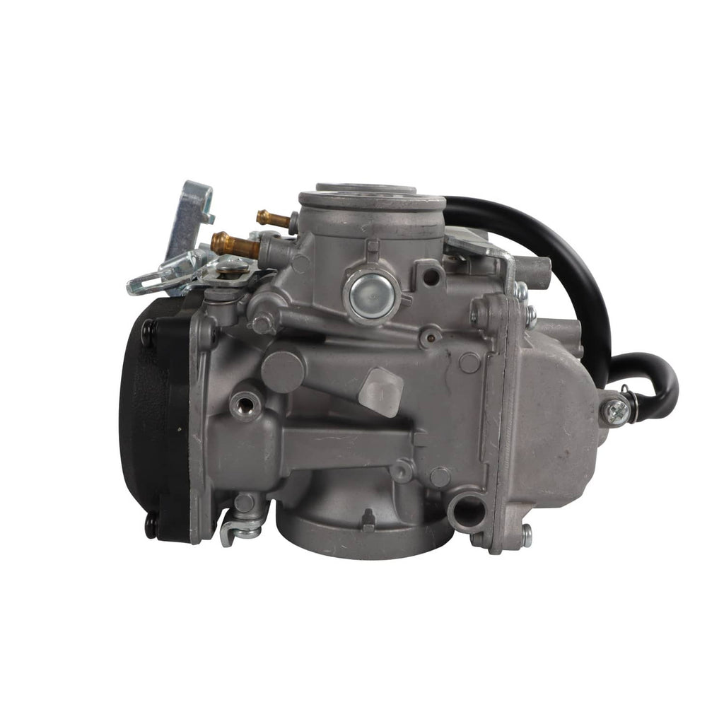 Carburetor with black hose routing and multiple adjustment fittings on metal housing