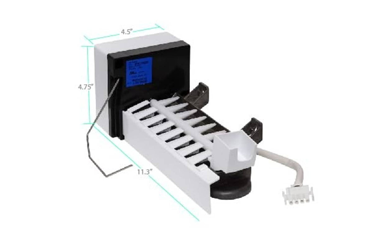Ice maker replacement unit with open black housing, white rack, and wiring connector