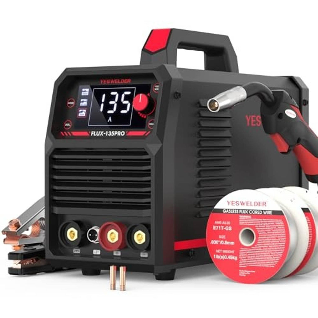 Flux core MIG welder with torch and wire spool, front panel showing 135A