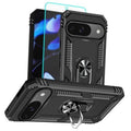 Black rugged phone case with raised screen and camera guards, kickstand and ring holder