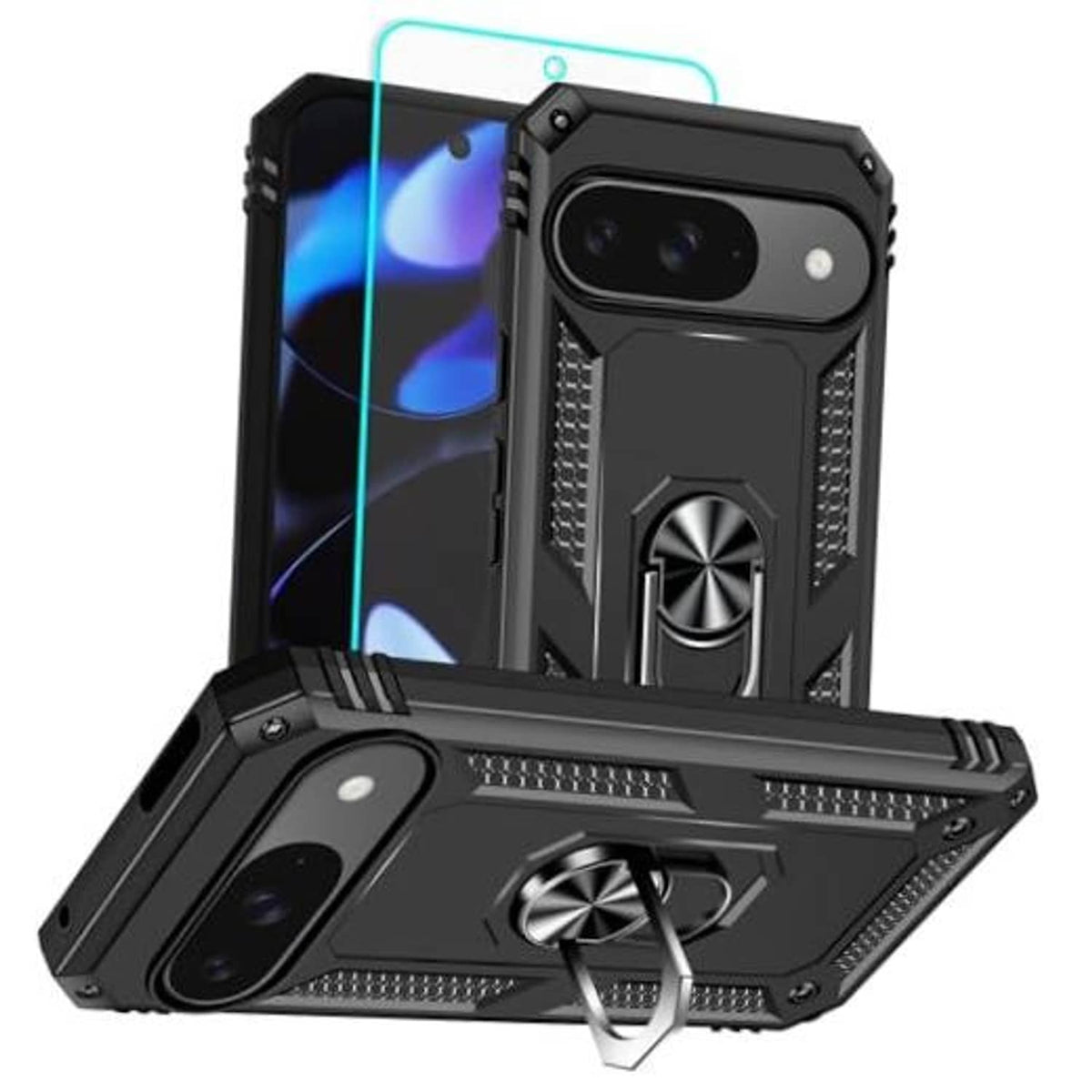 Black rugged phone case with raised screen and camera guards, kickstand and ring holder
