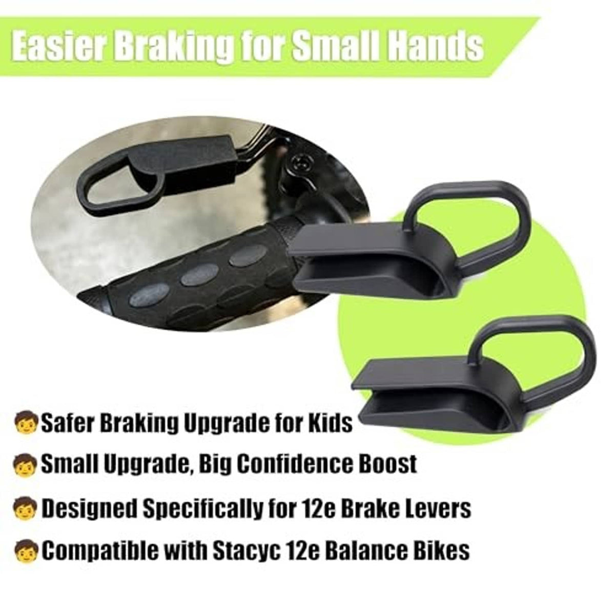 Black brake lever extenders with U-shaped grips and extended lever pads for kids.