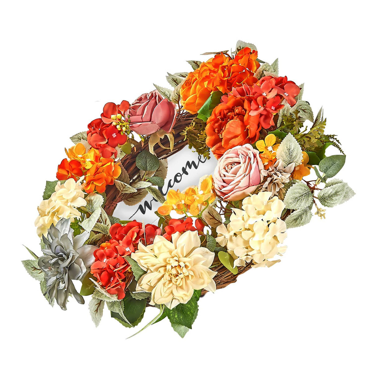 Decorative floral wreath with partial welcome sign, orange red and yellow flower clusters