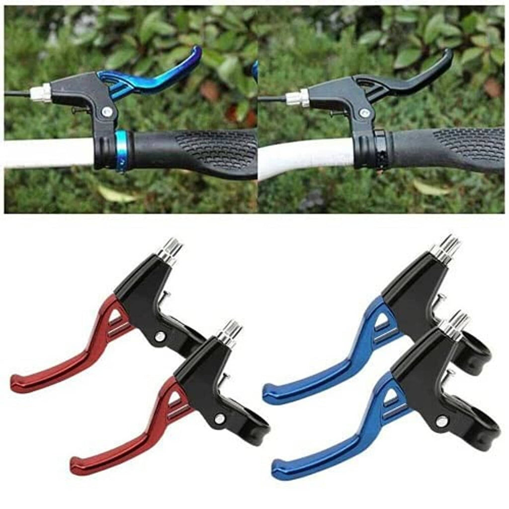 Bicycle brake lever set with red and blue handles plus black levers, silver arms and ends