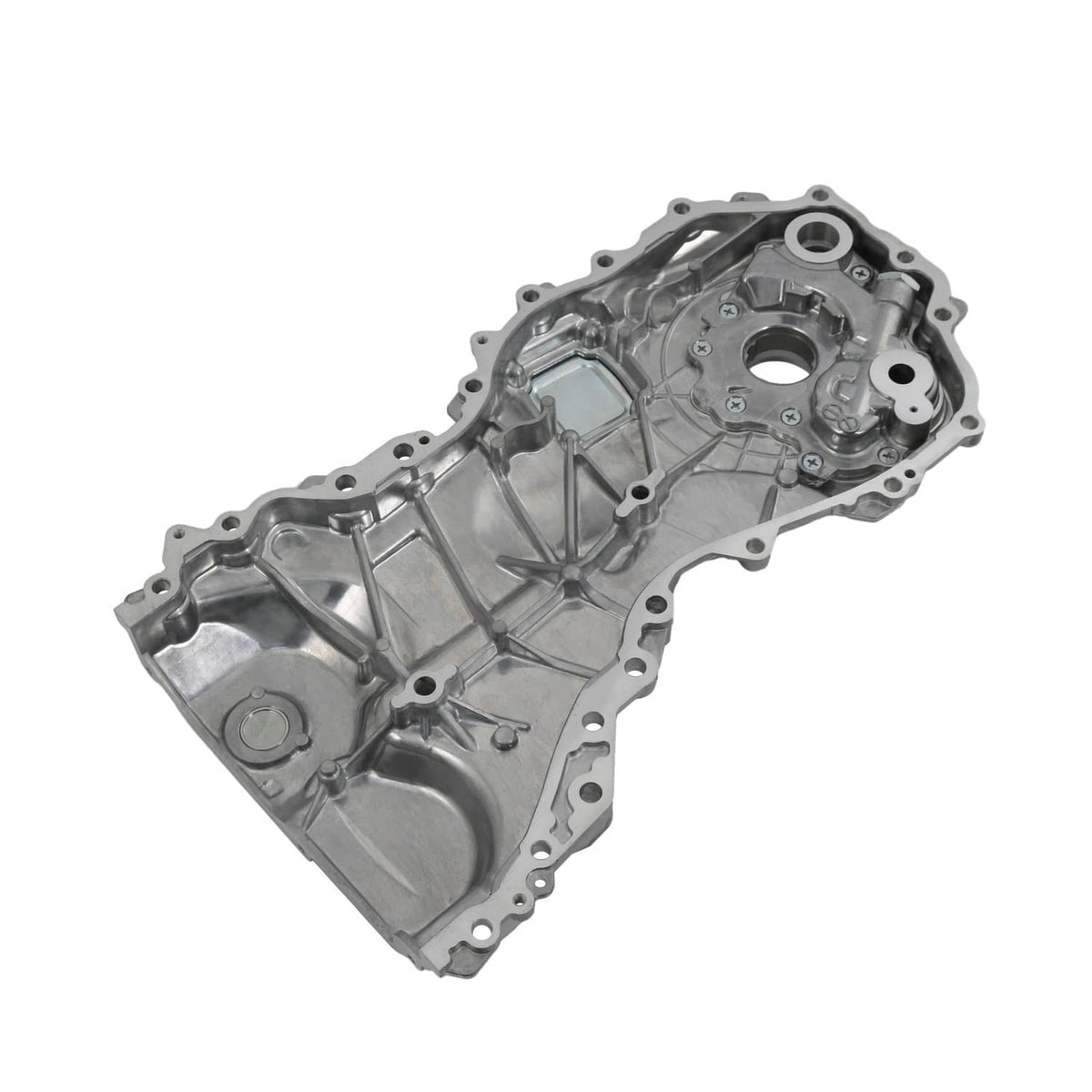 Oil pump housing with circular openings and ribbed internal passages