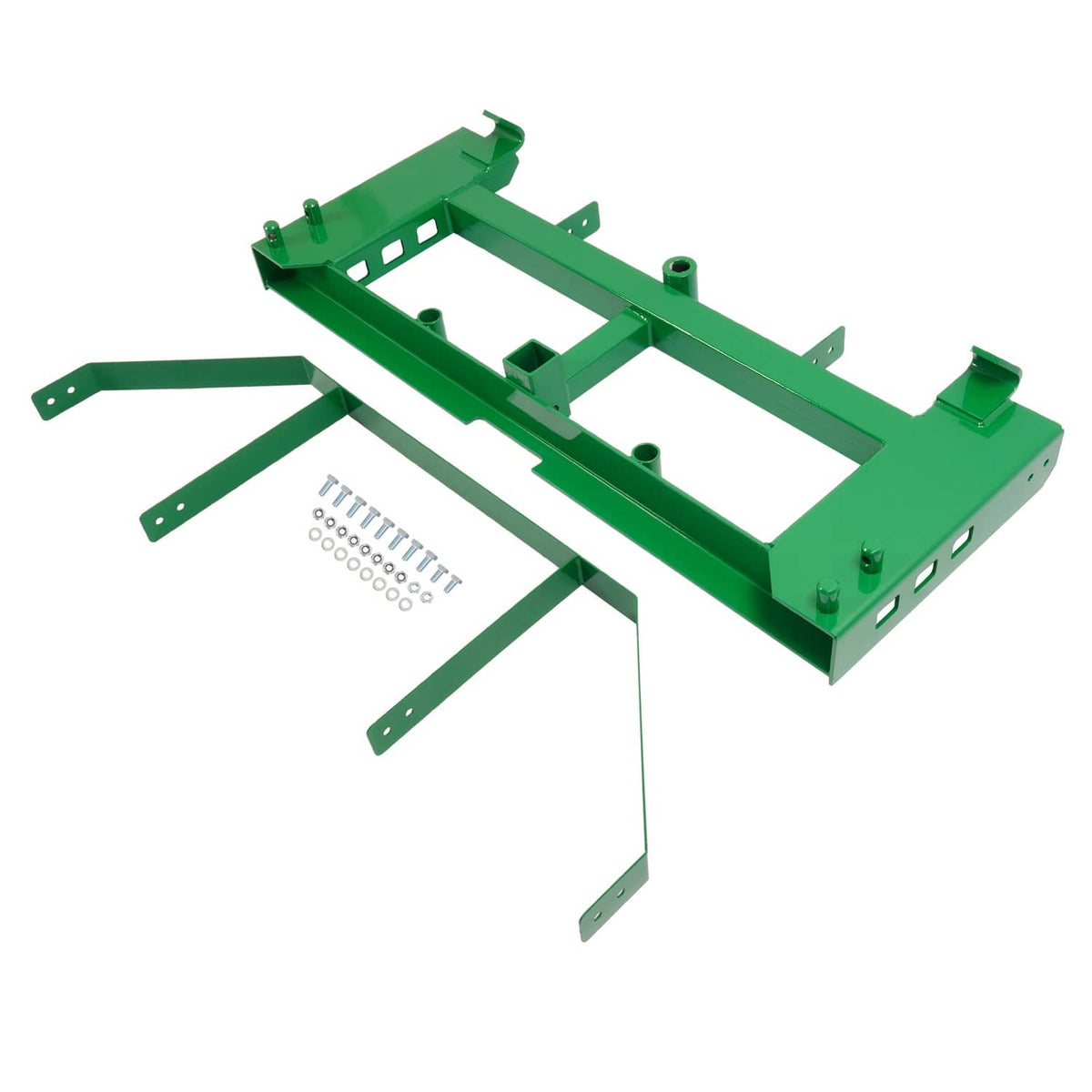 Green pallet fork frame hardware and brackets laid out for assembly