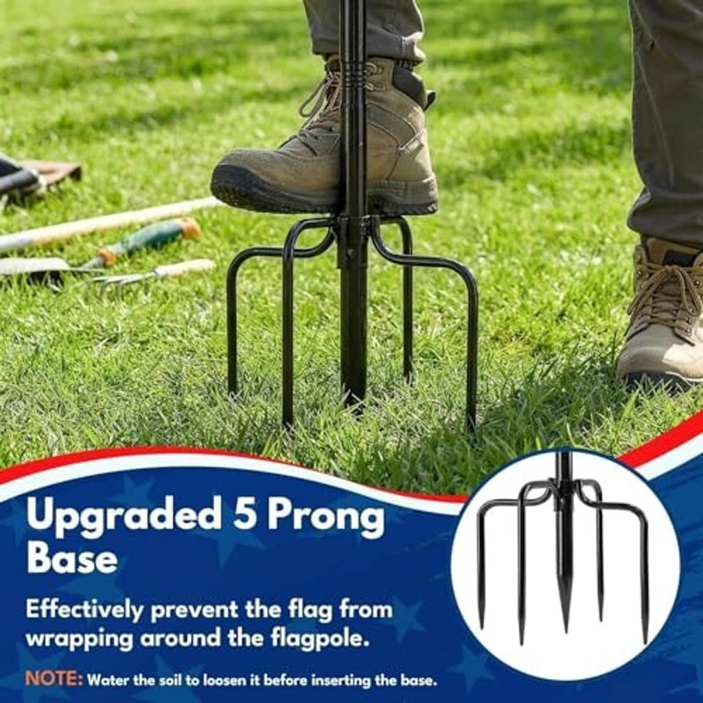 Black flagpole with five-prong spike base planted in grass for secure anchoring