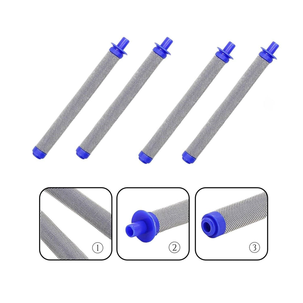 Set of airless spray gun filter cartridges with silver mesh screens and blue end caps
