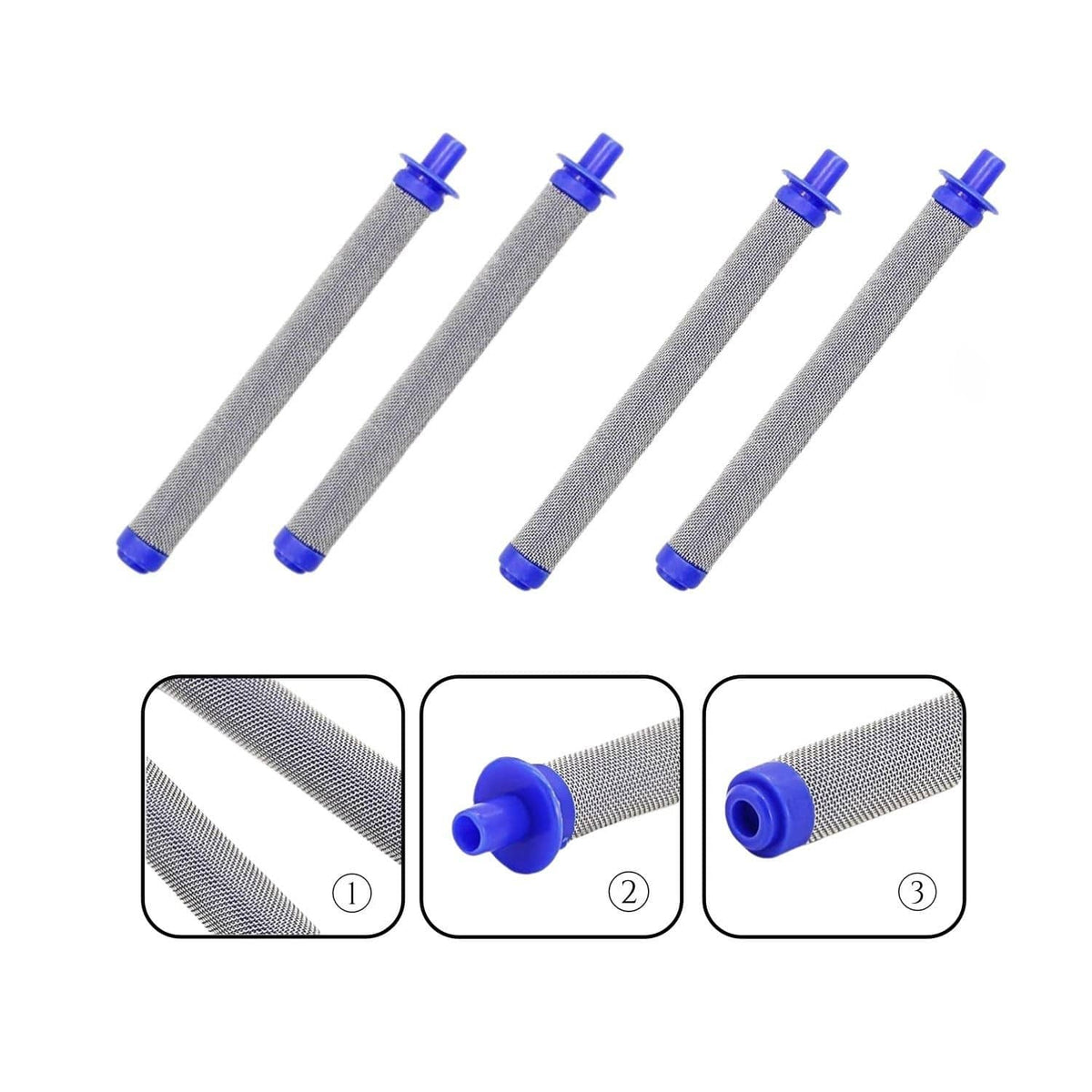 Set of airless spray gun filter cartridges with silver mesh screens and blue end caps