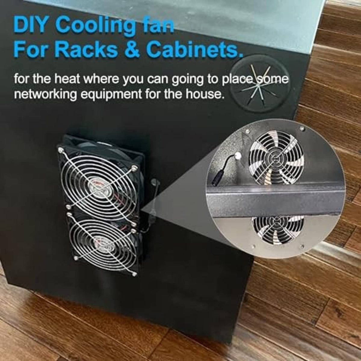 DIY rack cooling fans: two 120mm black cabinet fans with mounting clips