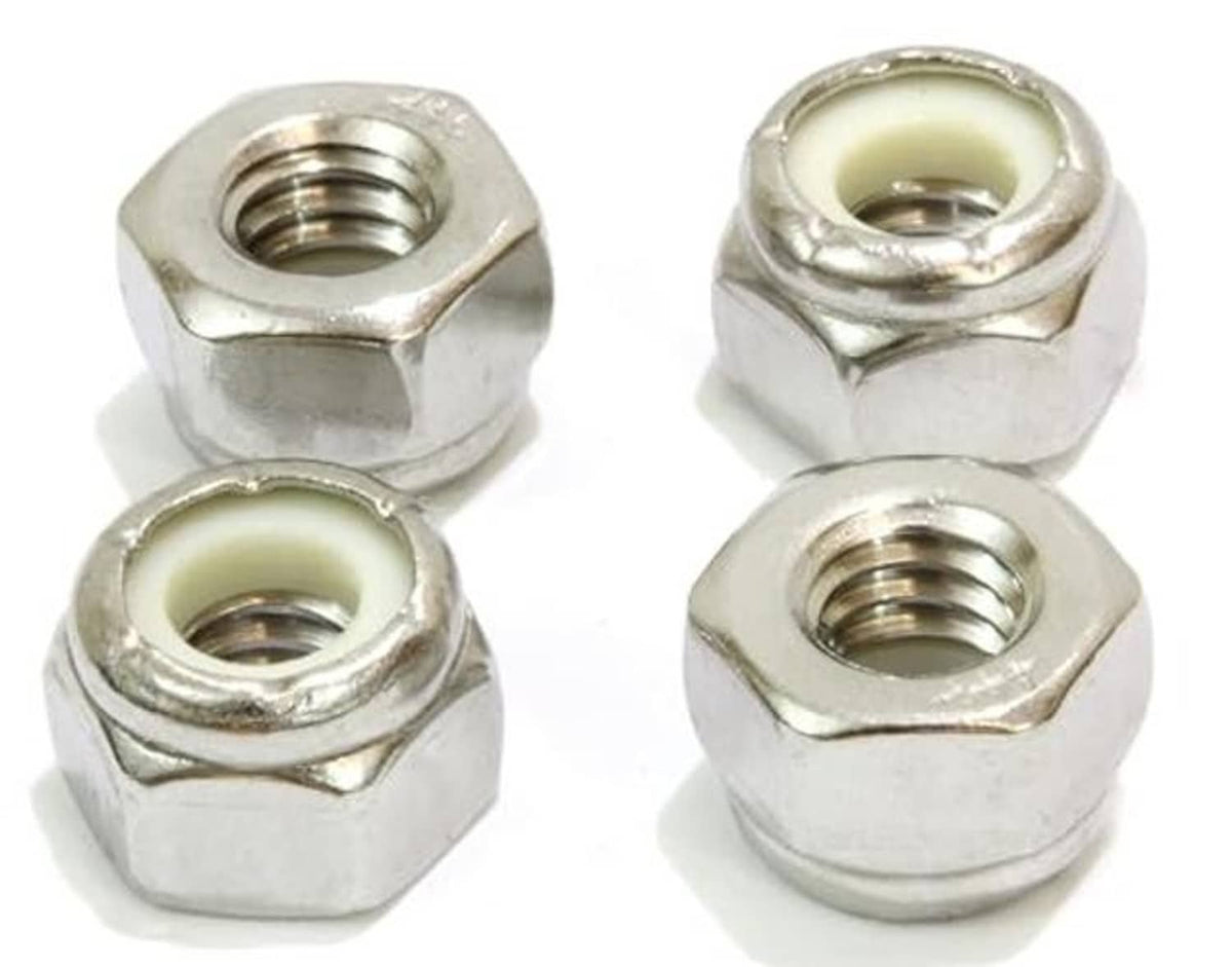 Four stainless steel hex lock nuts with nylon inserts and threaded holes shown