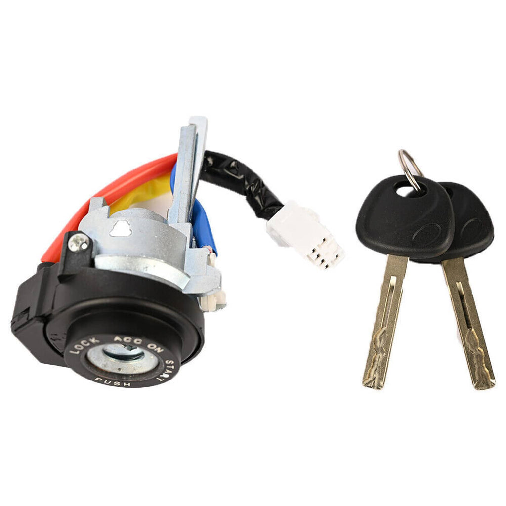 Ignition lock cylinder switch with two keys, black cylinder face and wire connector.