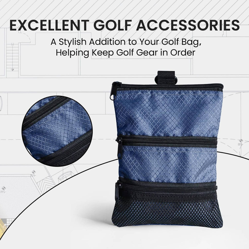 Blue golf valuables pouch bag with top strap, two zip layers, and mesh panel
