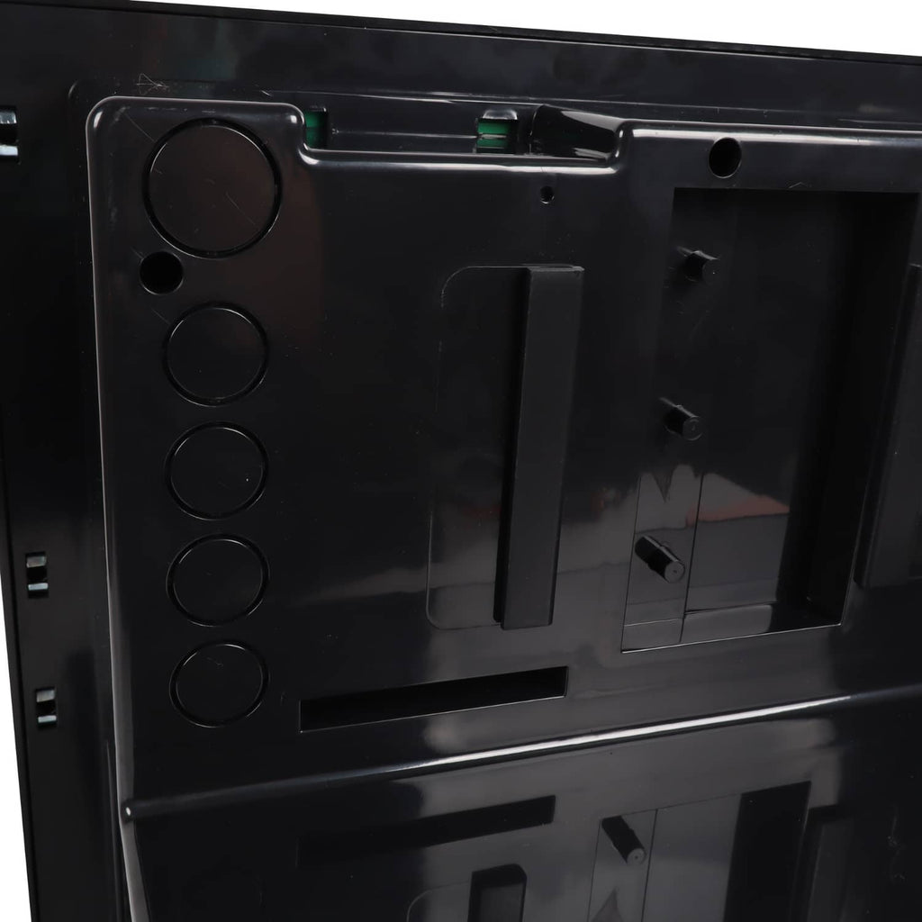 RV power converter front panel with round buttons and a rectangular access cutout