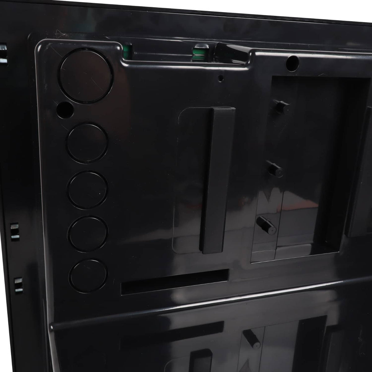 RV power converter front panel with round buttons and a rectangular access cutout