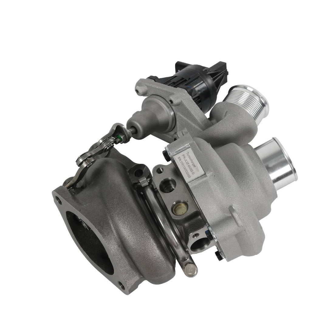 Right-side turbocharger with compressor housing, silver outlet, and black wiring connector