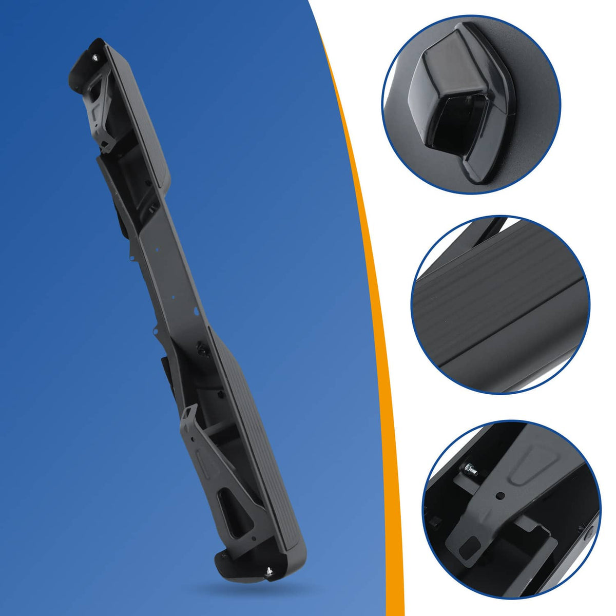 Black rear step bumper bar with cutouts and textured step pad
