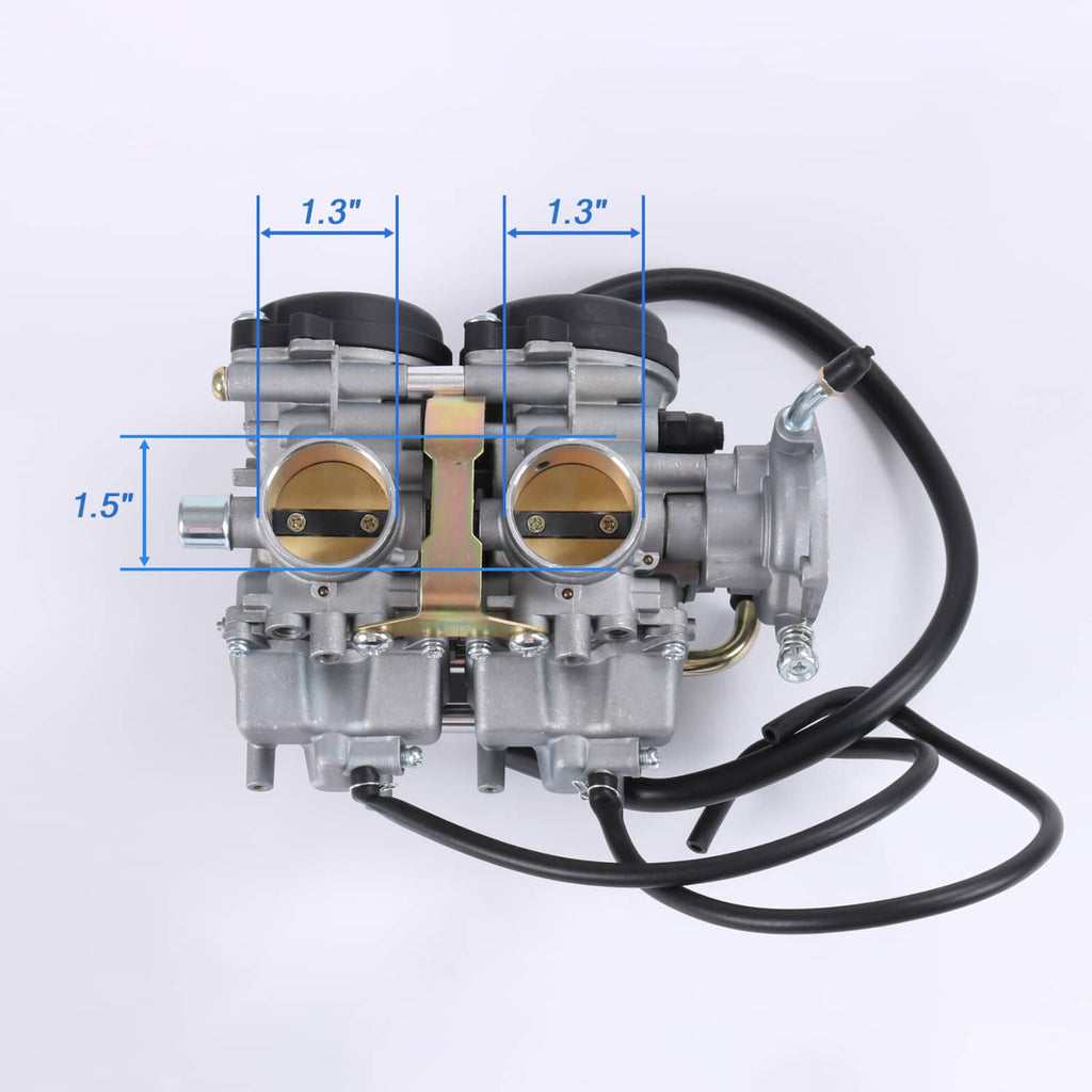 Dual carburetor assembly with black hose routing and side fittings