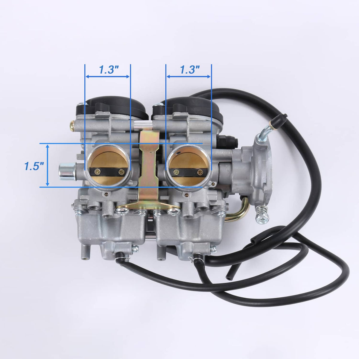 Dual carburetor assembly with black hose routing and side fittings