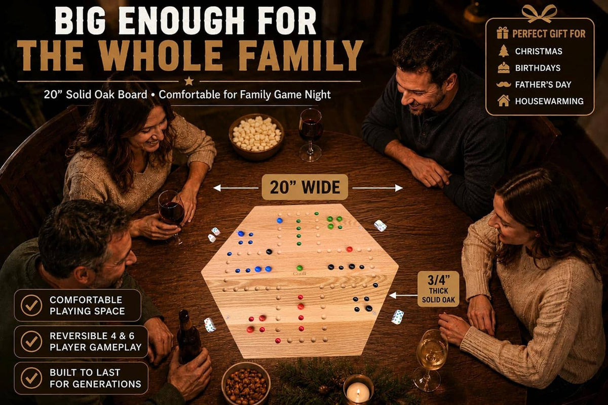 Hexagonal marble board game with dice, marbles, and a wide family playing area