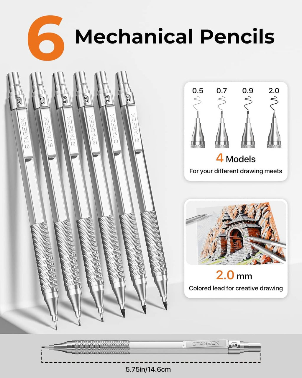 Six silver mechanical pencils with textured grip and precision tips
