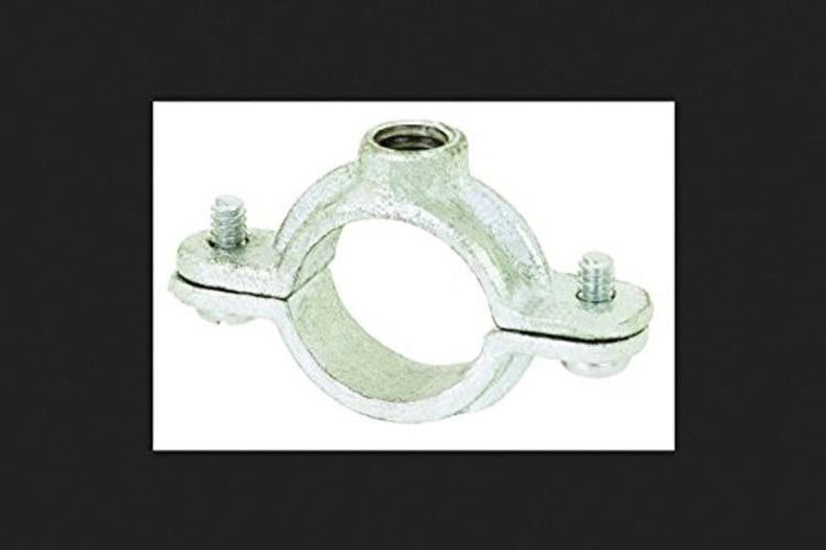 Galvanized split ring pipe hanger clamp with two side bolts and threaded center top