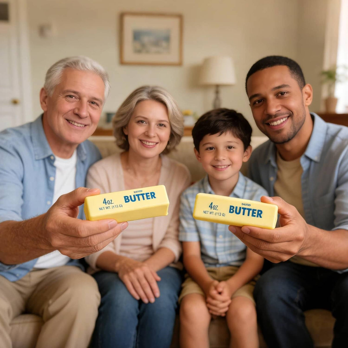Yellow salted butter squishy fidget toys held by a family on a sofa