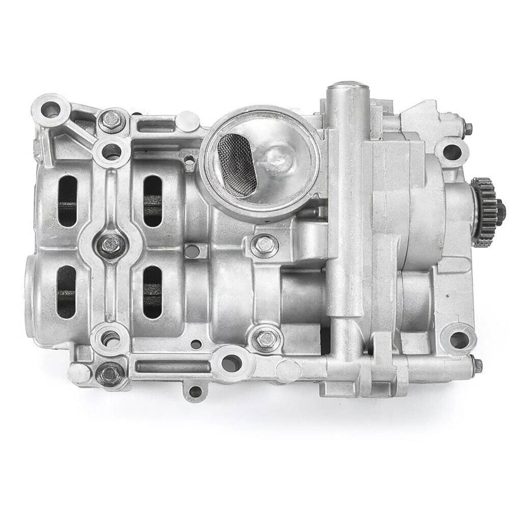 Silver aluminum oil pump with round filter screen and outlet fittings, side view