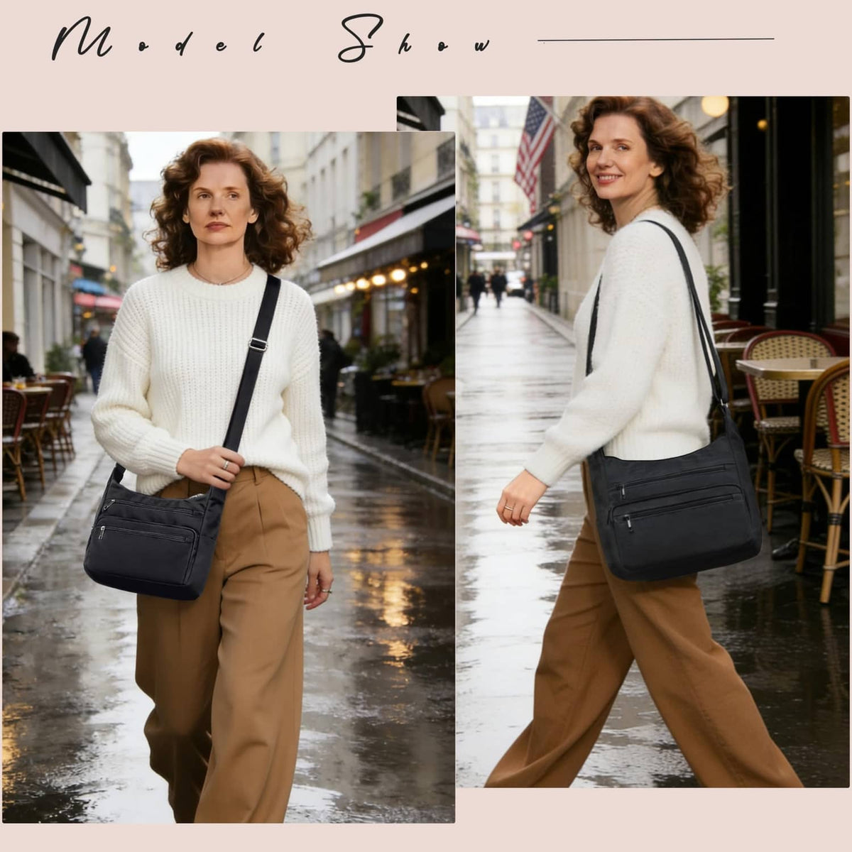 Black crossbody purse with adjustable strap, worn over casual outfit