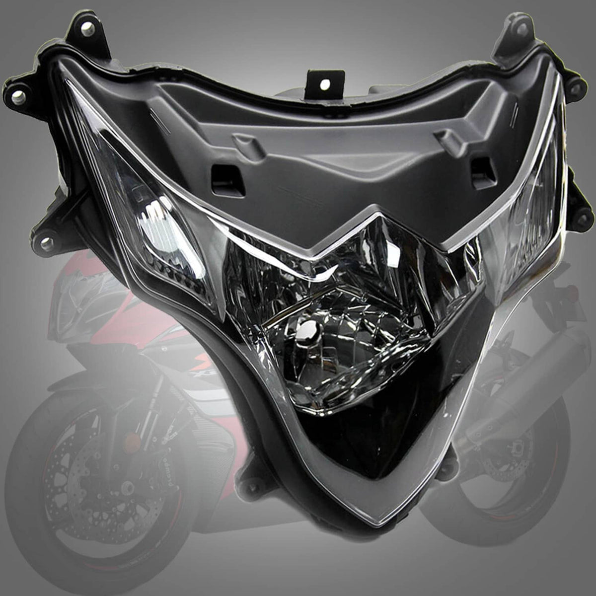Front headlight lamp assembly with black housing and clear lens, chrome reflector