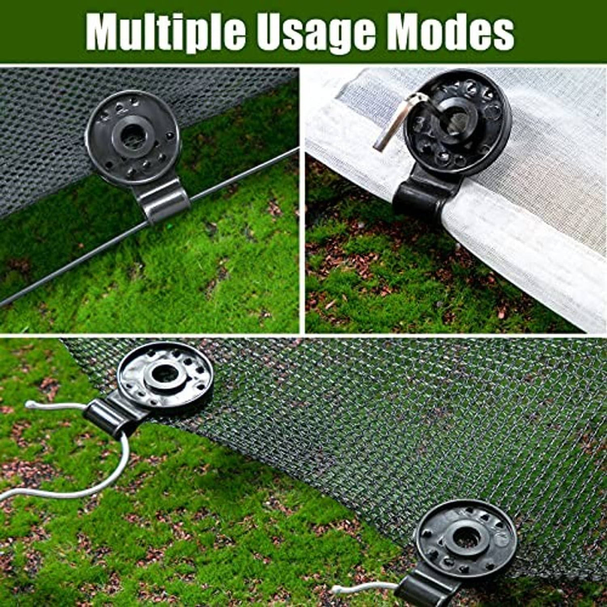 Black plastic shade net clips attached to woven mesh panels with round bases