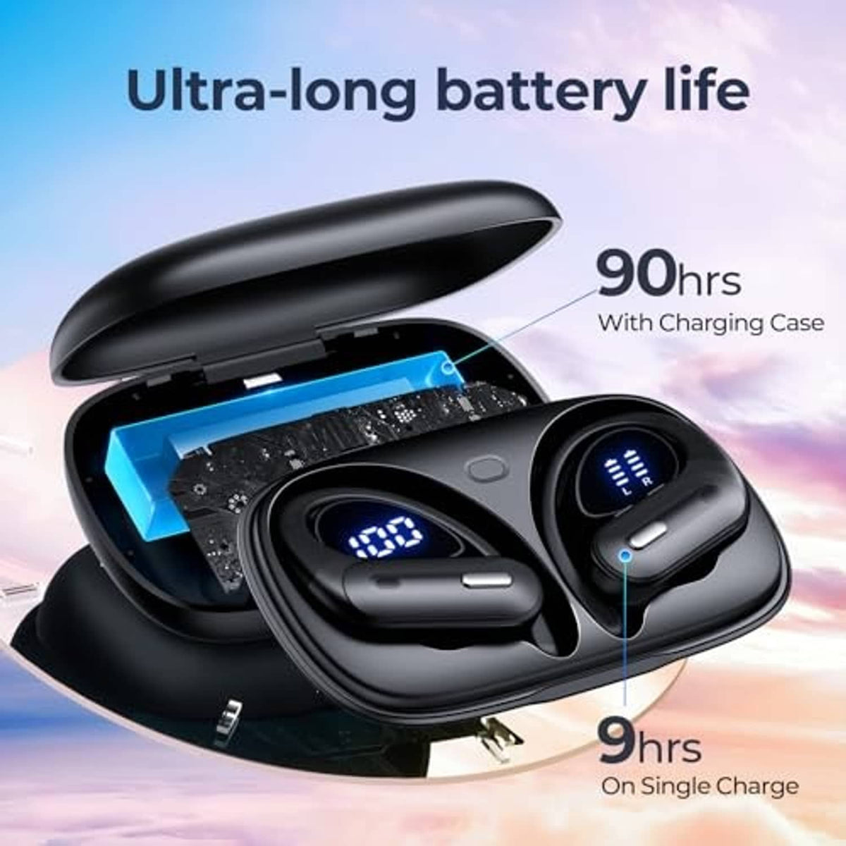 Black charging case with earbuds and blue status light indicator