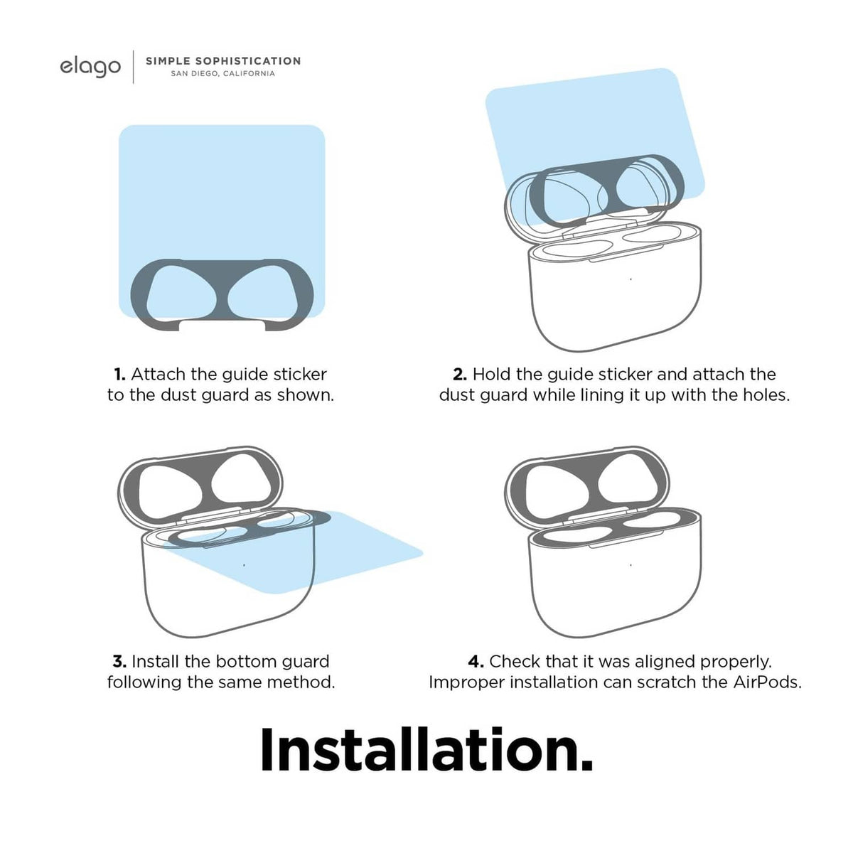 Dust guard installation steps icons showing alignment on the AirPods case