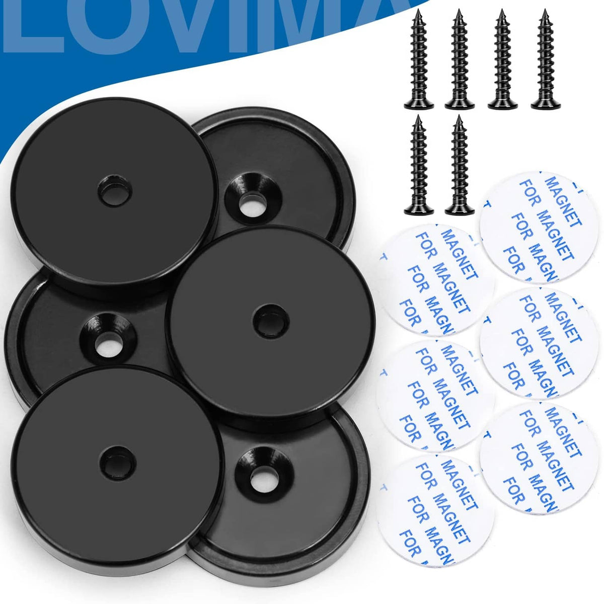 Black disc magnets with center holes and mounting screws, assorted set