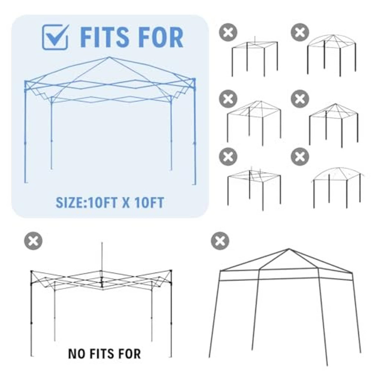 Canopy replacement cover fit diagram for 10x10 straight leg frame size