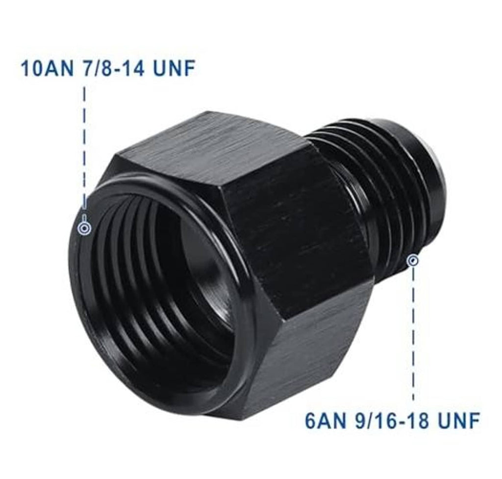 Black aluminum flare reducer adapter with visible 10AN and 6AN UNF thread ends