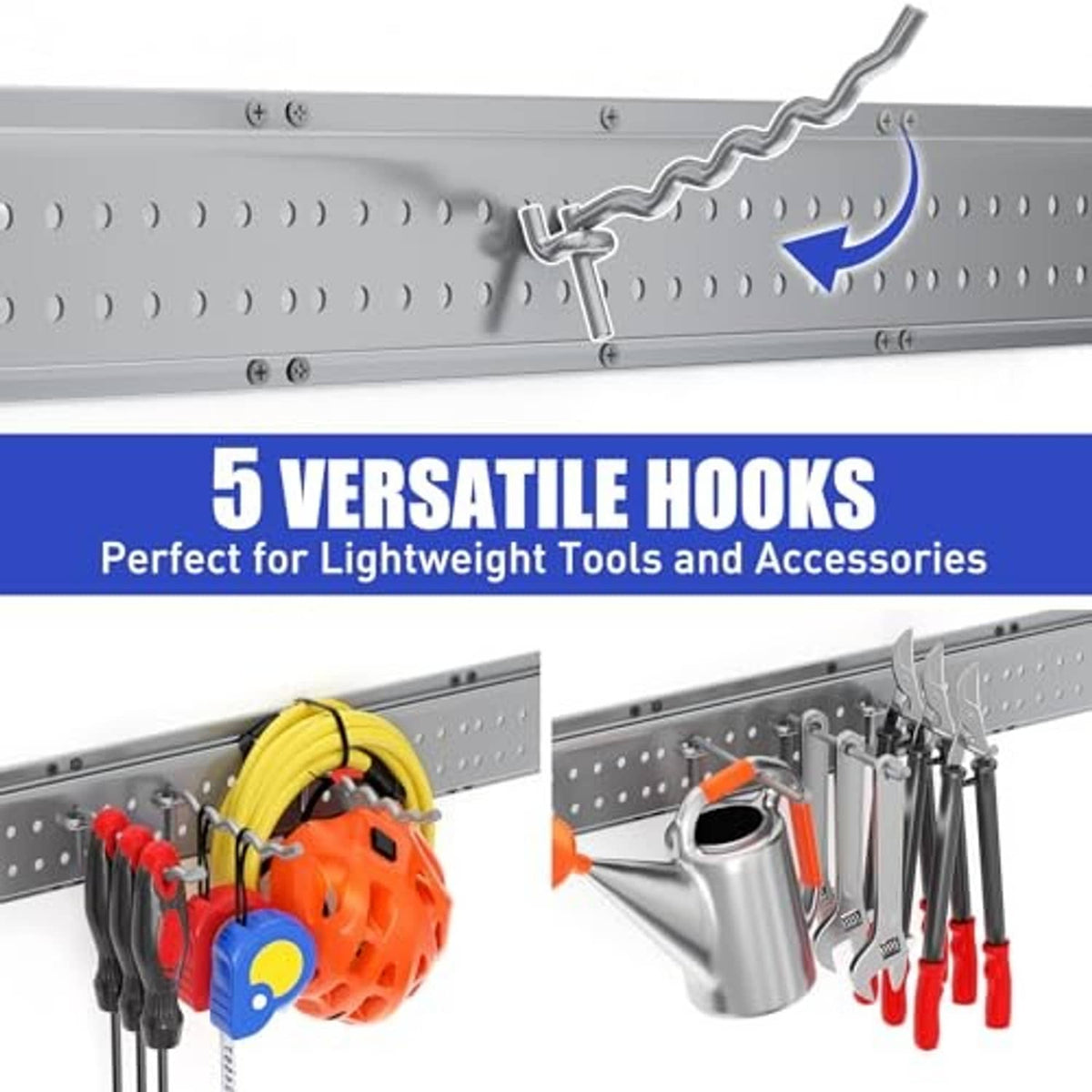 Wall organizer rail with versatile S-hooks for lightweight tools and accessories