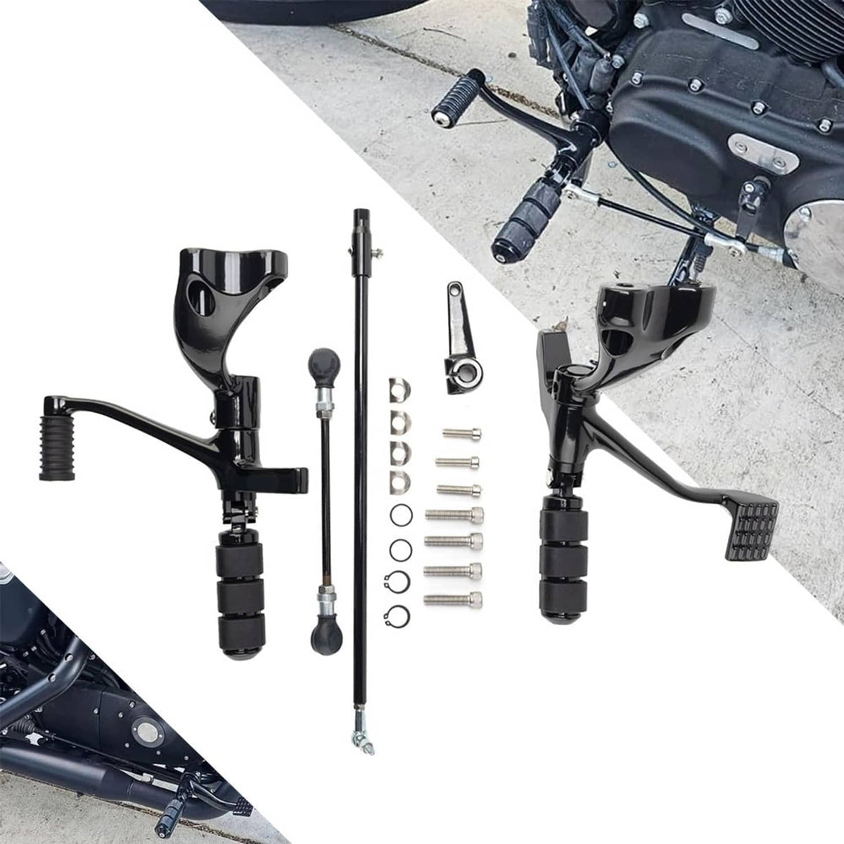 Black motorcycle forward control set with pegs, levers, and linkage hardware shown