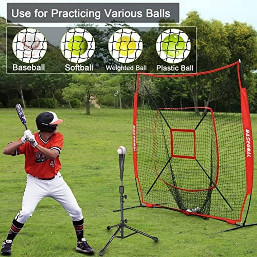 Red baseball practice net with strike zone target and padded base, outdoor set
