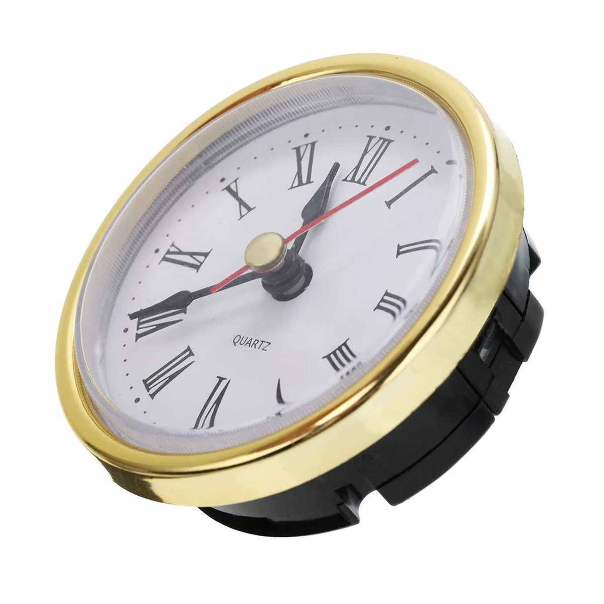 Gold round clock movement with Roman numerals and red second hand, shown from a side angle