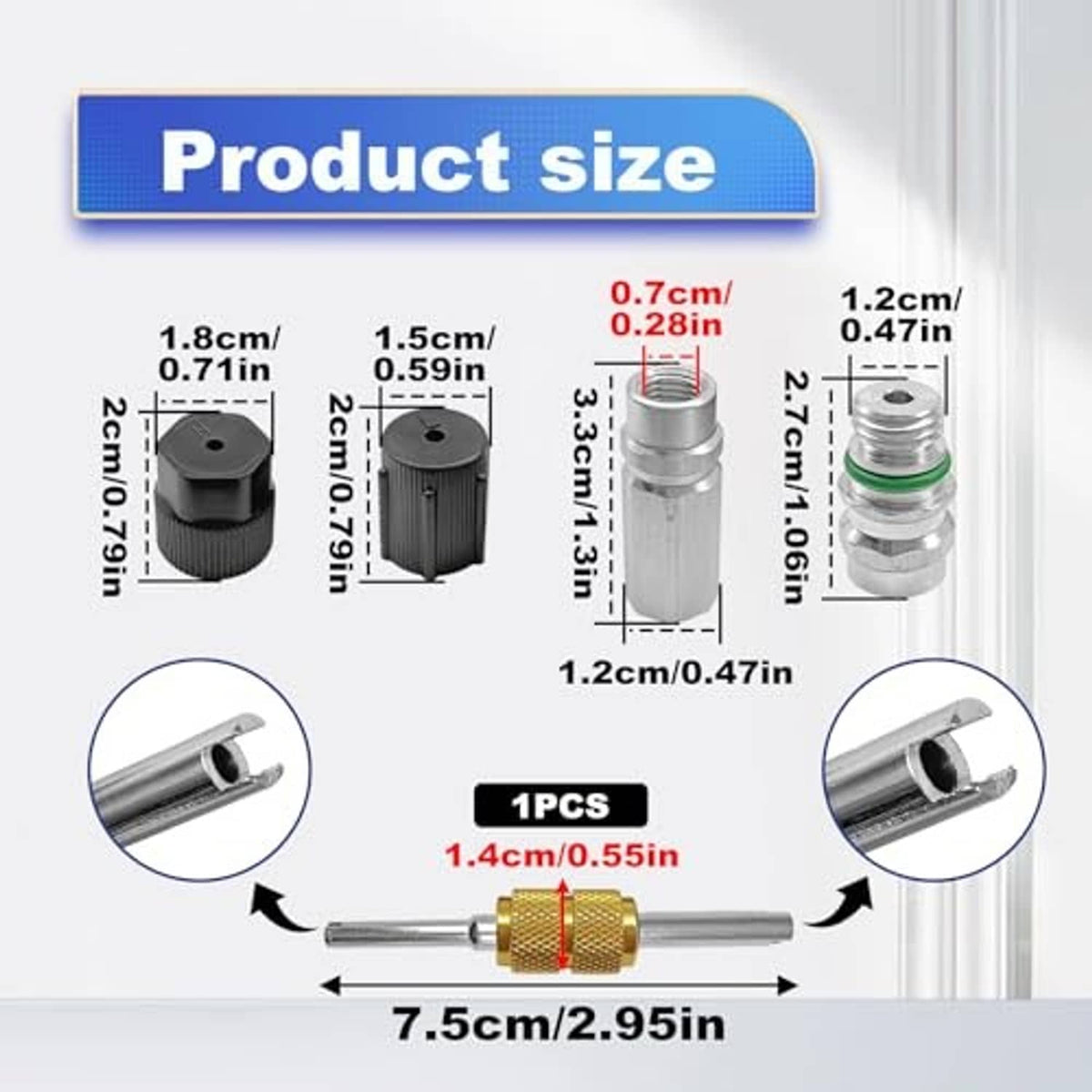 Refrigeration valve core kit product size diagram with measurements for included components