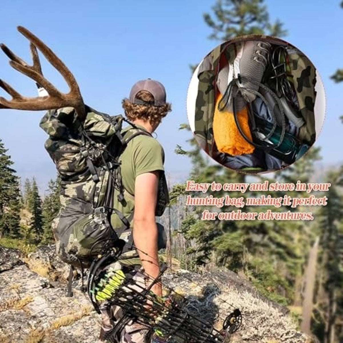 Dark rope climbing aider packed in a hunting bag, ready for outdoor carry