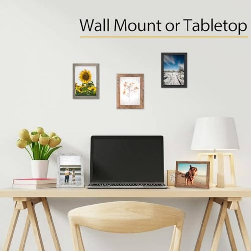 Rustic brown picture frames displayed on wall or tabletop, vertical and square styles