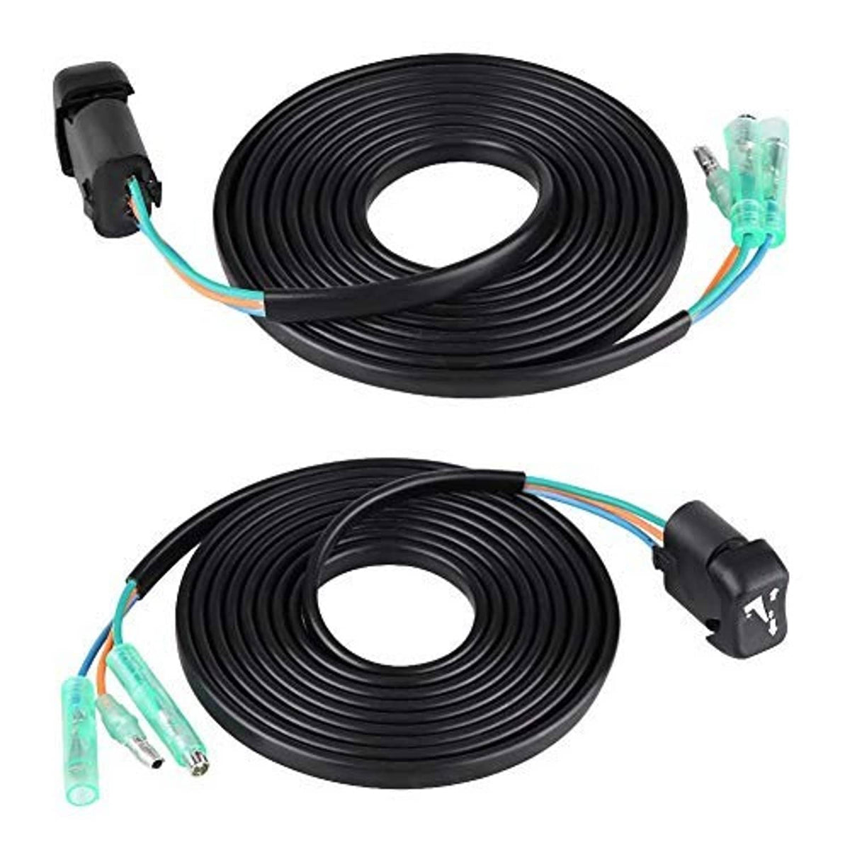 Outboard trim/tilt switch harness with coiled black cable, teal connectors, and black plug