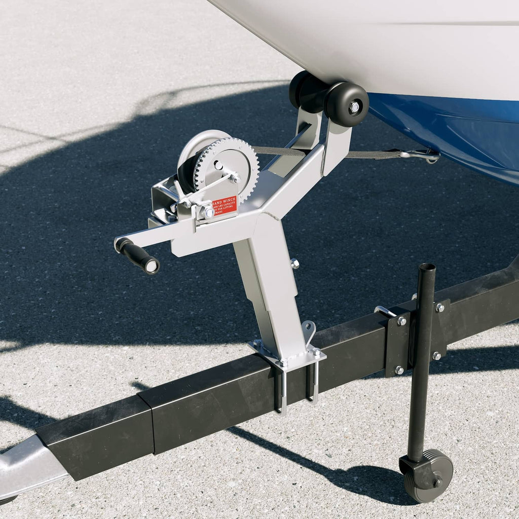 Winch roller stand mounted on trailer with gear wheel and guide rollers near the hull.