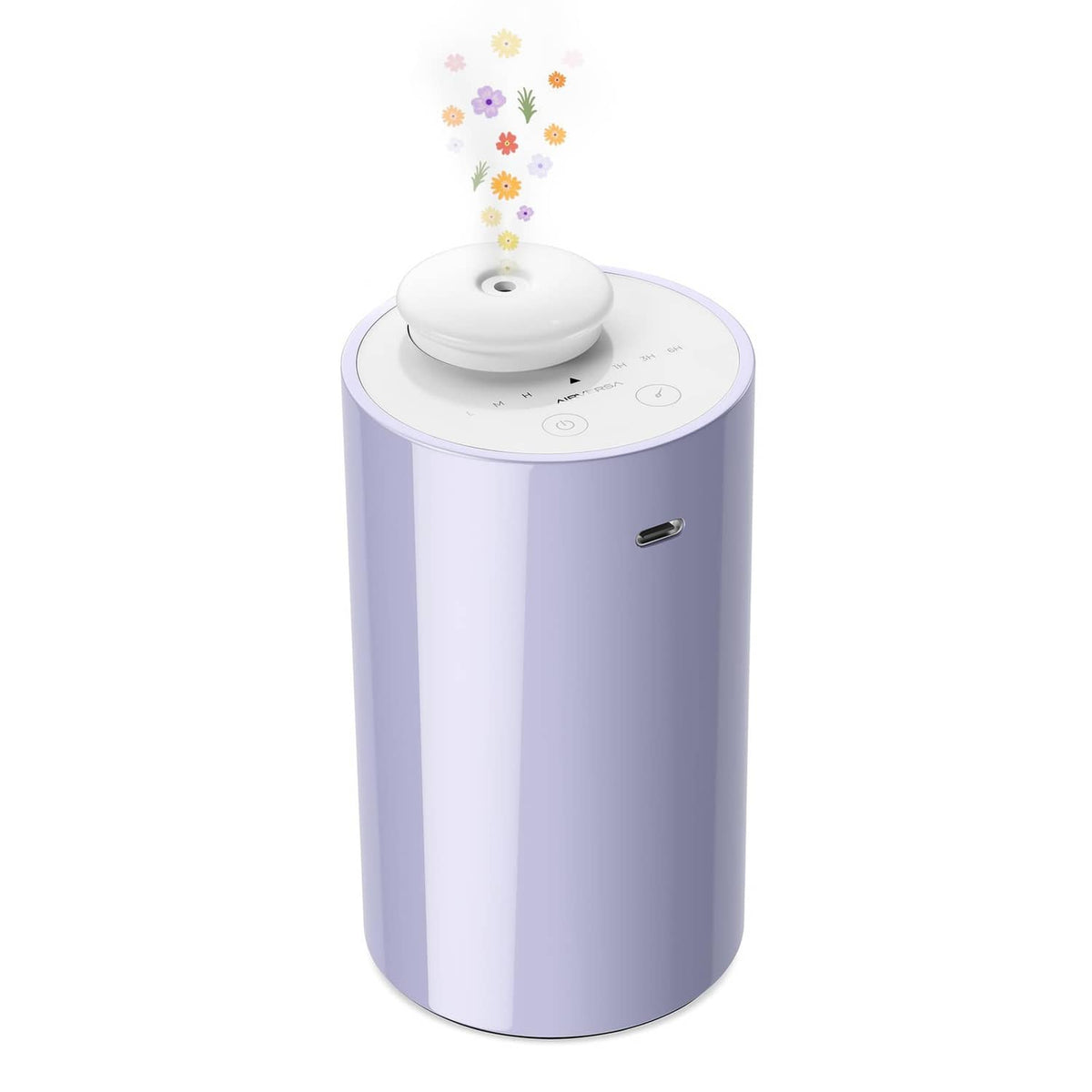 Lavender waterless essential oil diffuser with white top and central nozzle