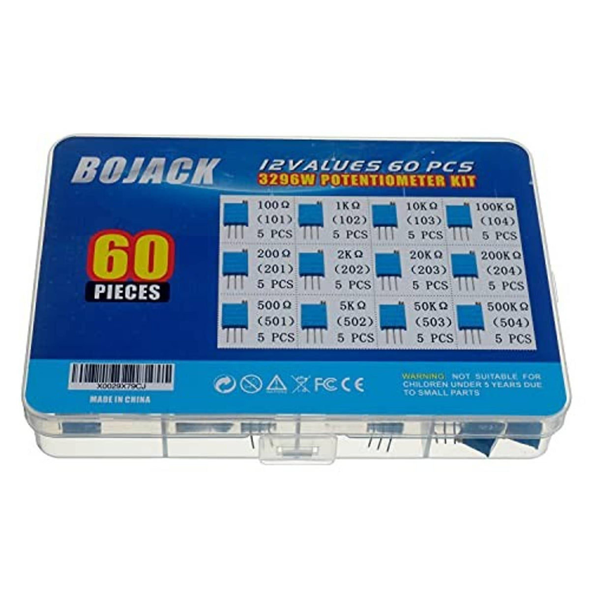 BOJACK 60-piece multiturn potentiometer kit back view with component value grid