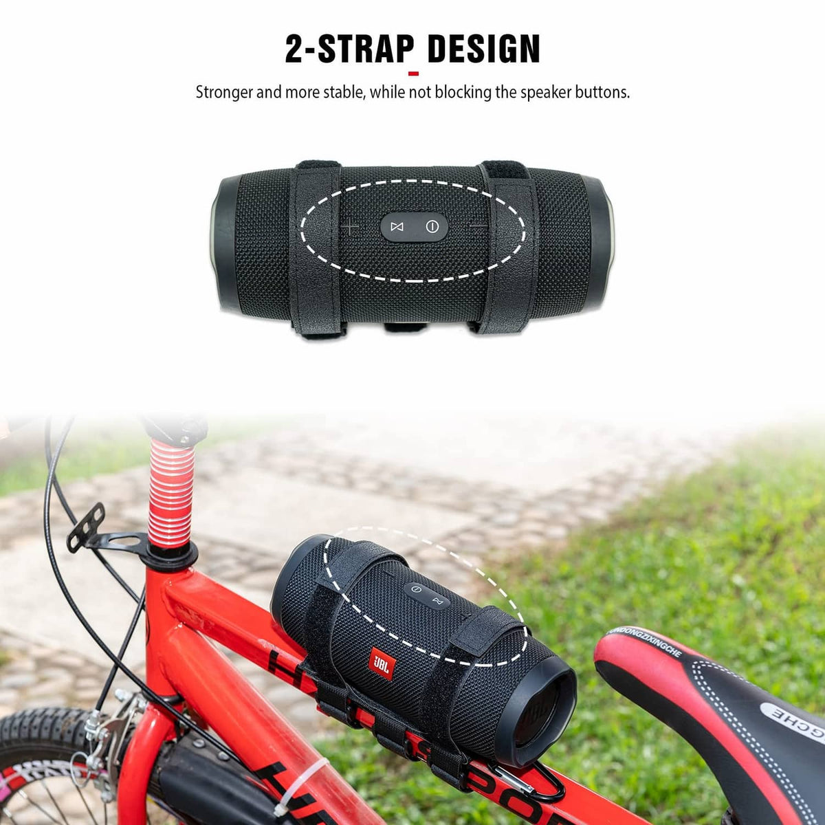 Black 2-strap speaker mount with buckle closure holding a portable Bluetooth speaker
