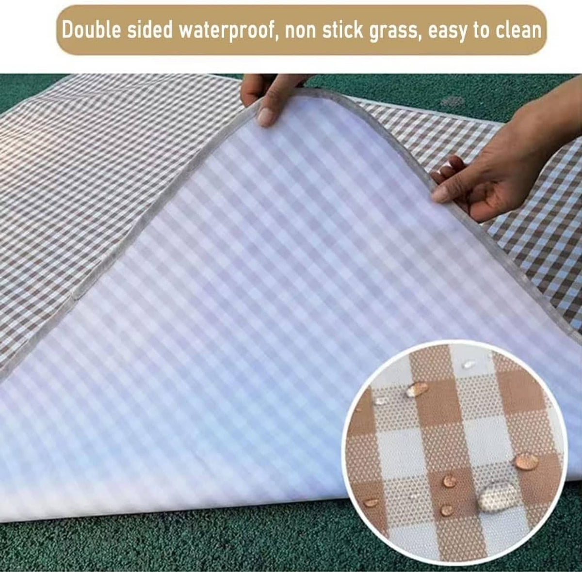 Brown and white checkered picnic blanket with light blue underside, laid flat